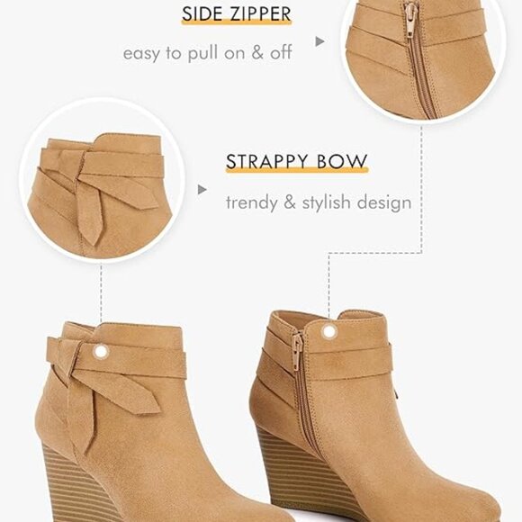 Womens Wedge Booties Fall Ankle Boots Tie Knot Stacked Heeled Side Zipper-Brown - Picture 4 of 5